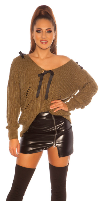 Trendy V-Cut knit sweater with loops Khaki